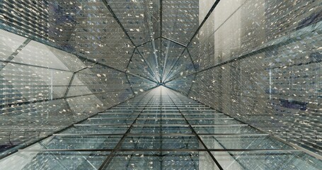Skyscraper buildings pierce through the clouds. A futuristic city of advanced civilization. A city that goes on forever. Roads stretching in every direction. View from aerial corridors. 3D rendering.