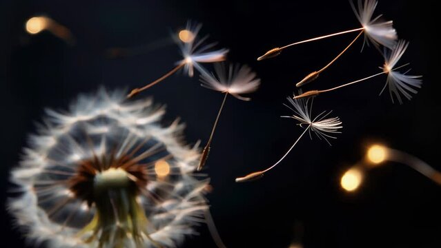 In the darkness of night, dandelion seeds glow ethereally. The delicate tufts dancing in the wind emit red, orange and yellow lights, like tiny fireworks. 