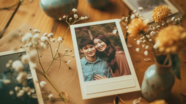 Intimate Polaroid Style Couple Portrait on Rustic Save the Date Card