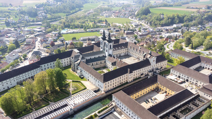 Kremsmünster, Upper Austria, Austria - 04.13.2024: monastery of Kremsmünster in Upper Austria, aerial photography