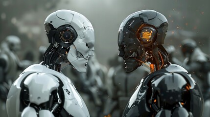 Ai robots war versus concept. Digital robots conflict