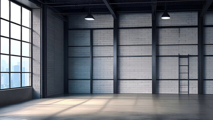Empty Warehouse Interior with Ladder and Windows. Empty Room Background.