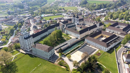 Fototapeta na wymiar Kremsmünster, Upper Austria, Austria - 04.13.2024: monastery of Kremsmünster in Upper Austria, aerial photography
