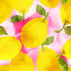 Abstract Digital Painting Watercolor Oil Painting Lemons and Leaves Seamless Textile Pattern with Tie Dye Brush Strokes Batik Background