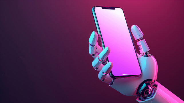 Close-up of Futuristic Robot hand holding smartphone with blank screen. Mobile cell phone with Blank display Space for text.