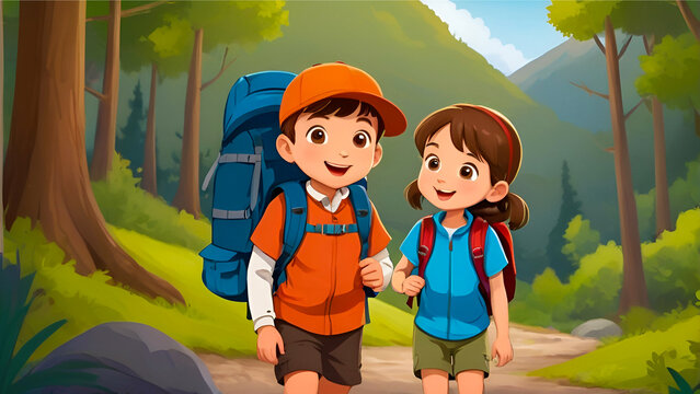 Two kids in the beautiful nature forest. Cartoon boy and girl adventure illustration.