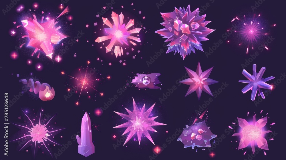 Poster fireworks explosion frames for videogames, web design or computer. modern illustration of a purple e