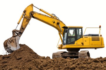 Yellow excavator moving soil with its digger bucket, isolated on white background with space for text.