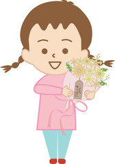 「ありがとう」のタグがついた花束を持つ女の子2