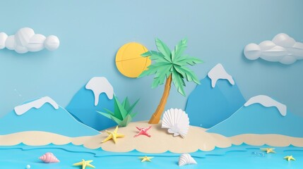Fototapeta na wymiar Illustration of a small island with a palm tree, seashell, starfish and beach ball on sand. A papercut-style sun and mountains are in the background.