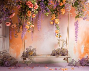 Floral swing with roses and wisteria backdrop