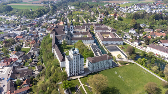 Kremsm&uuml;nster, Upper Austria, Austria - 04.13.2024: monastery of Kremsm&uuml;nster in Upper Austria, aerial photography
