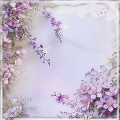A beautiful shabby chic floral background with a soft purple faded background and a border of purple flowers and butterflies.
