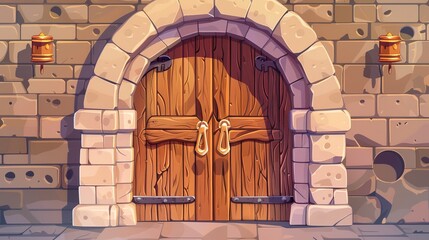 This modern cartoon illustration depicts ancient interior with brick walls and wood gates with golden handles and hinges in a medieval house, castle, or church. - obrazy, fototapety, plakaty