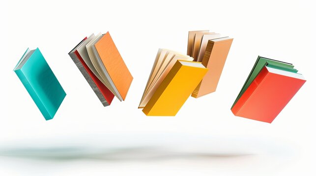 Several books in flight, isolated against a white background