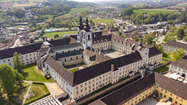 Kremsm&uuml;nster, Upper Austria, Austria - 04.13.2024: monastery of Kremsm&uuml;nster in Upper Austria, aerial photography