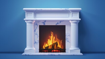 An illustrated fireplace with burning logs, a white marble or gypsum chimney, classic fireplace with flames, stylish home interior design, vintage house design, cozy heating system, realistic 3D - obrazy, fototapety, plakaty