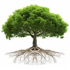 Lush tree with visible roots against white background symbolizing growth and connectivity. - obrazy, fototapety, plakaty