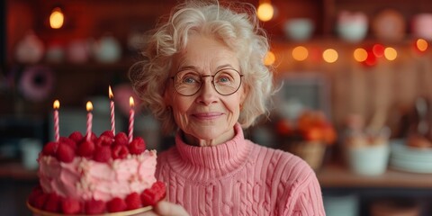 A positive, charming senior granny celebrates her birthday with a cream and raspberry cake. - obrazy, fototapety, plakaty