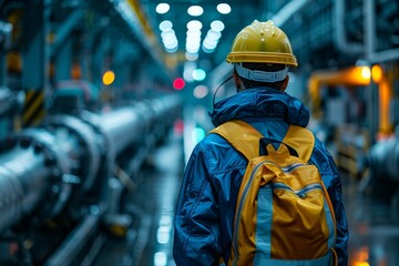 A professional technician inspects petrochemical pipelines in an industrial plant wearing a hardhat.