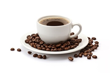 Obraz premium Coffee cup and coffee beans on a wooden table.
