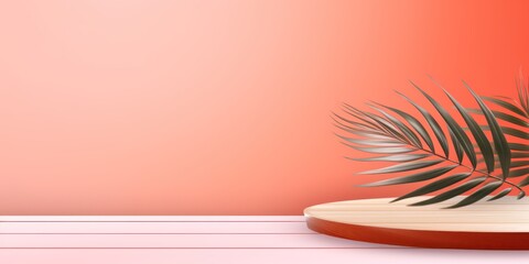 Coral background with palm leaf shadow and white wooden table for product display, summer concept. Vector illustration, isolated on pastel background