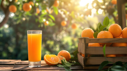 Freshness of the produce with summer scene with a glass of orange juice placed on a wooden table.
