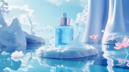 An illustration of a light-textured and moisturizing face serum floating on water in a 3D face essence cosmetic ad