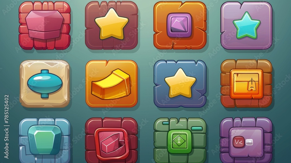 Poster toy texture game menu elements. cartoon buttons, options, progress bars. user setting panel with sli