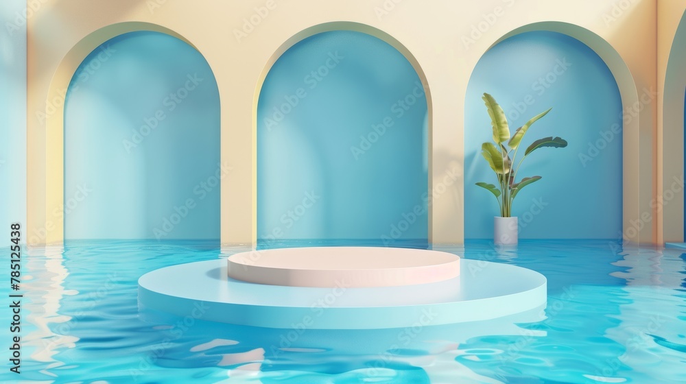 Poster swimming pool backdrop in 3d. display podium floating in the pool with arches on the walls.