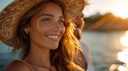 Close up portrait of beautiful woman in swimwear posing on the beach in sunset light