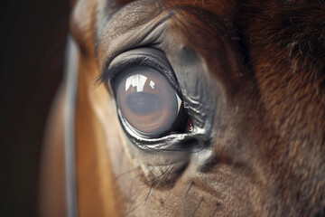 Macro photography of a horse's eye, showcasing the detailed eyelashes and reflective gaze of the animal. - Powered by Adobe