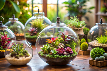 Charming decorative florariums showcasing a variety of lush plants, perfect for greenery enthusiasts