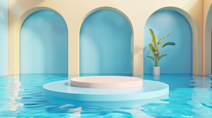 Fototapeta na wymiar Swimming pool backdrop in 3D. Display podium floating in the pool with arches on the walls.