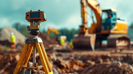 Heavy industry and security concept on blurred natural background. Civil engineer with theodolite crossing equipment at construction site outdoors. Big excavator in the background - obrazy, fototapety, plakaty