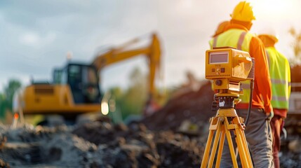 Heavy industry and security concept on blurred natural background. Civil engineer with theodolite crossing equipment at construction site outdoors. Big excavator in the background - obrazy, fototapety, plakaty