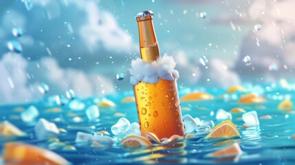 A banner advertisement for wheat beer. Illustration of a glass bottle of beer in a swimming pool surrounded by ice cubes