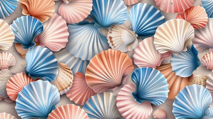Modern cartoon texture set with blue, pink and brown scallops and tropical bivalve mollusks. Seashell seamless pattern with abstract beach background. - obrazy, fototapety, plakaty