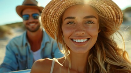Summer holidays, love, romance and people concept - Close up of a smiling beautiful young couple
