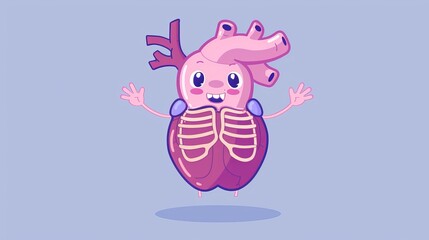 A cartoon character with a heart. Cute kawaii face and hands waving inside the rib cage. Modern illustration of healthy body and anatomy for kids. - obrazy, fototapety, plakaty