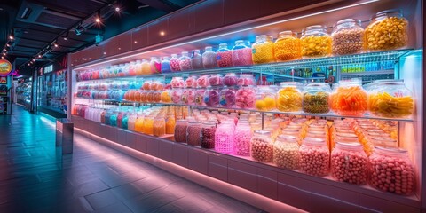 Fototapeta premium Neon-lit convenience store stocked entirely with holographic junk food packaging 
