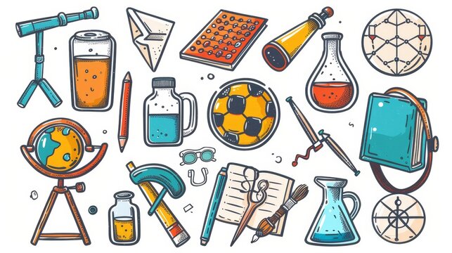 The set of school doodle icons includes protractors, pencils, globes, and outstanding test results on a computer. Scissors, backpacks, soccer balls, chemical beakers, paints, telescopes, textbooks,