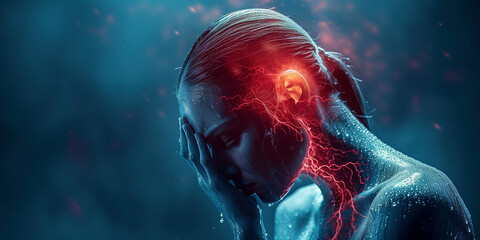 Young woman suffering from severe migraine, headache. Pain illustrated with red color. Health theme. - obrazy, fototapety, plakaty