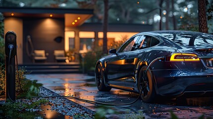 Alternative energy concept.Close up of the Hybrid car electric charger station with power supply plugged into an electric car being charged