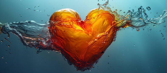 Red liquid heart shape, water abstract background.	
