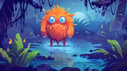 Animal animal with fur, teeth, and three eyes in swamp in magic forest. Modern cartoon illustration.