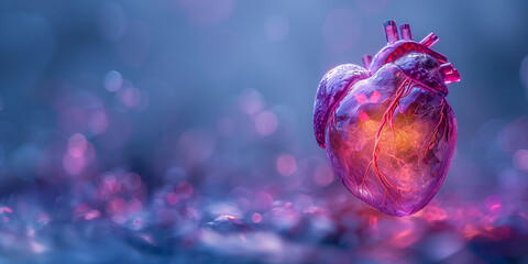 Human heart shape on purple background. Symbol of heart health care. Cardiovascular disease treatment, cardiology.