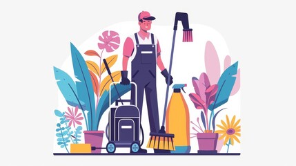 Modern landing page with hand drawn illustration of janitor with broom, vacuum cleaner, spray, and sprayer. Business cleaning service banner with man in uniform, vacuum cleaner, spray, and brush. - obrazy, fototapety, plakaty