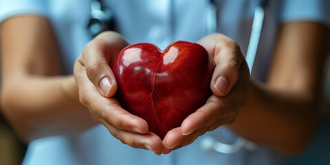 Doctor hands holding red heart. Symbol of heart health care. Cardiovascular disease treatment. - 785125674