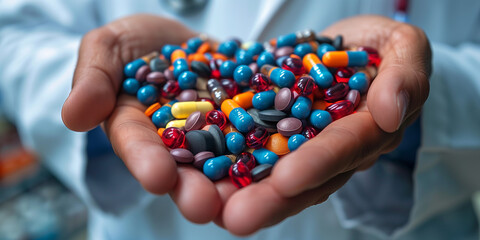 Doctor hands holding full of pills, medicaments. Medicine, pharmacy, vitamin, disease treatment, health care theme.